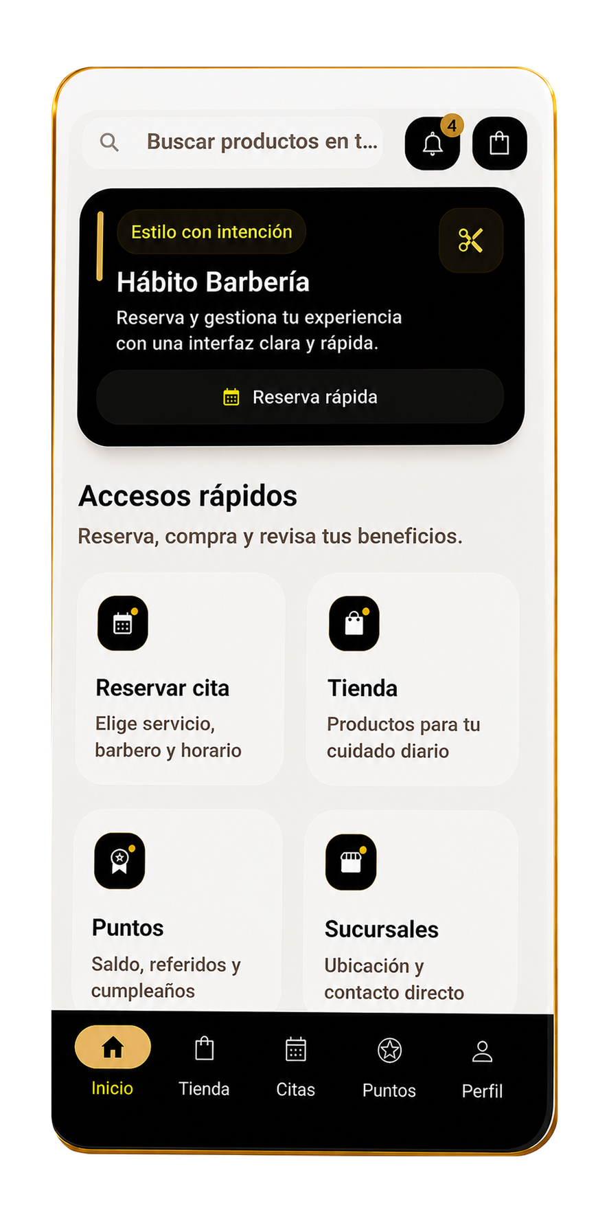 Móvil con la aplicación HÁBITO para reservar citas, consultar puntos y beneficios