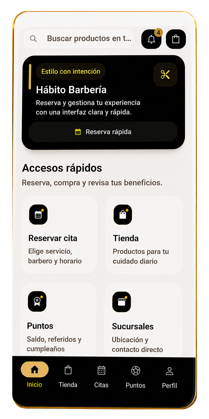 Móvil con la aplicación HÁBITO para reservar citas, consultar puntos y beneficios